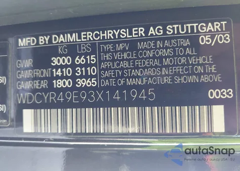 2003 Mercedes-Benz G 500 from USA, damaged, VIN WDCYR49E93X141945